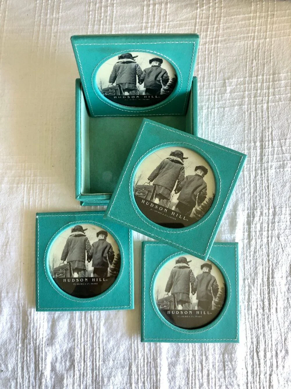 Hudson Hill Turquoise Leather Coasters / Picture Frames, Set of 4